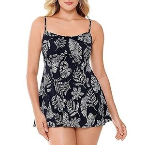 Swim Solutions Spotted Leaves Empire-Waist Tummy Control Swimdress Swimsuit